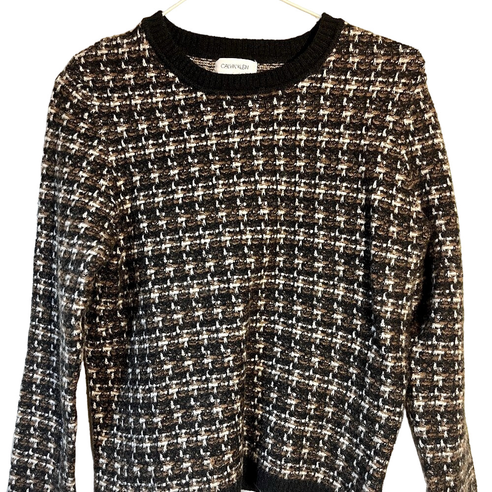 Calvin Klein Plaid Knit Pullover Sweater S Black White Classic Neutral Office
